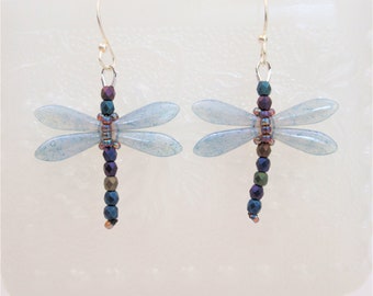 Beaded dragonfly earrings glass insect earrings beaded bug earrings black purple green iridescent