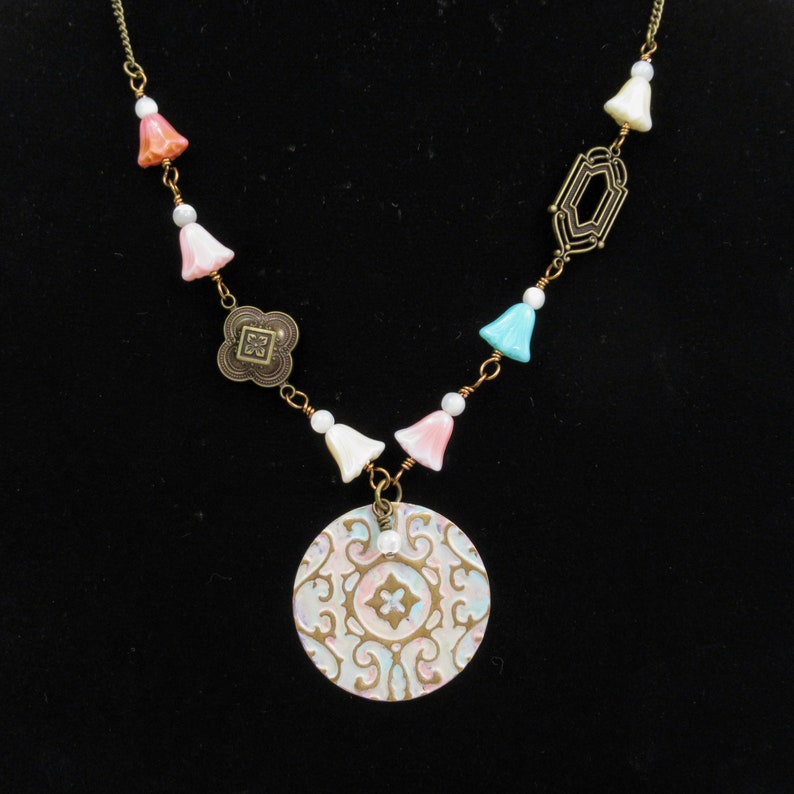 Antique brass necklace pastel flower necklace floral glass bead chain necklace mother of pearl romantic vintage 20 assemblage patina