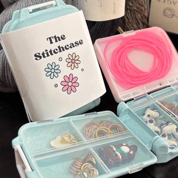 The Stitchcase - Knitting Crochet Notions Case - Mini Storage Box 8 compartments multi section - Stitch markers, point protectors, tools