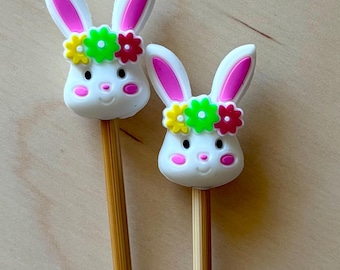 Knitting Needle Point Protectors, Knitting Needle Stoppers, Knitting Notions White Bunny Rabbit Flower Crown Easter Gifts for Knitters