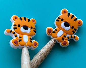 Knitting Needle Point Protectors, Knitting Needle Stoppers, Knitting Notions - Kawaii Orange Tiger Cute Zoo Animal Cat Gift for Knitters