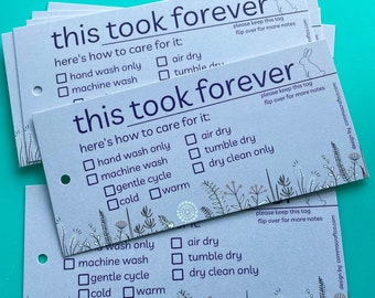 Gift Tag Labels for Handmade Items Purple Knitting Sewing Crochet Quilting Crafts Care Instructions Hand Wash Air Dry Writeable Customizable