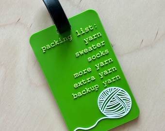 Luggage Tag - Yarn Traveler Packing List - Knitting Crochet DIY Weaving Fiber Arts Green Project Bag Yarn Ball Gifts for Knitters Valentine