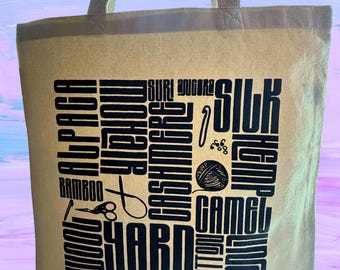 Knitting Crochet Yarn Tote Bag - Canvas Cotton Project Bag - Graphic Yarn Types Doodles Knitter Storage Organization Notions Accessories