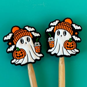 Knitting Needle Point Protectors, Knitting Needle Stoppers Notions End Caps Halloween Beanie Ghost with Coffee Pumpkin Gift for Knitters