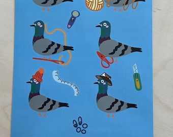 Sticker Sheet - Yarn Pigeon Makes a Hat - Funny Knitting Crochet Crafty Planner Stickers