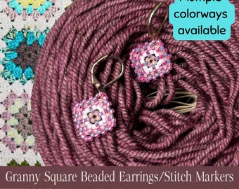 Granny Square Handmade Earrings, Knitting Crochet Stitch Markers Delicate Glass Seed Bead Modern Jewelry Stocking Stuffer Gifts for Knitters