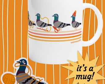 Pigeon Makes a Hat - White 11oz Ceramic Mug - Retro Vintage Gifts for Knitters