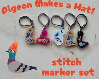 Pigeon Makes a Hat Stitch Marker Set – Knitting Crochet Notions, Recycled Acrylic Charms - Gifts for Knitters