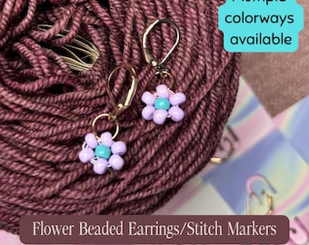Retro Flower Handmade Earrings, Knitting Crochet Stitch Markers 90s Vintage Seed Bead Modern Jewelry Stocking Stuffer Gifts for Knitters