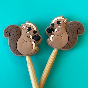 May include: Two whimsical squirrel-shaped toppers on wooden sticks. The squirrels are brown with lighter brown accents, holding black nuts. The background is a solid turquoise color. These are likely decorative items or craft supplies.