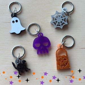Halloween Stitch Markers - Knitting Crochet Notions - Witchy Retro Vintage Unique Fun Acrylic Silver Gifts for Knitters Crocheters Yarn