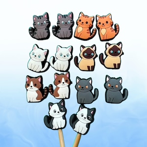 K&ouml;nnte beinhalten: Ein Set mit 12 bunten Katzenanh&auml;ngern, die verschiedene Katzenrassen und Posen zeigen. Die Anh&auml;nger sind aus Kunststoff und haben eine flache R&uuml;ckseite, wodurch sie sich gut als Schl&uuml;sselanh&auml;nger, Taschenanh&auml;nger oder Handy-Anh&auml;nger eignen.