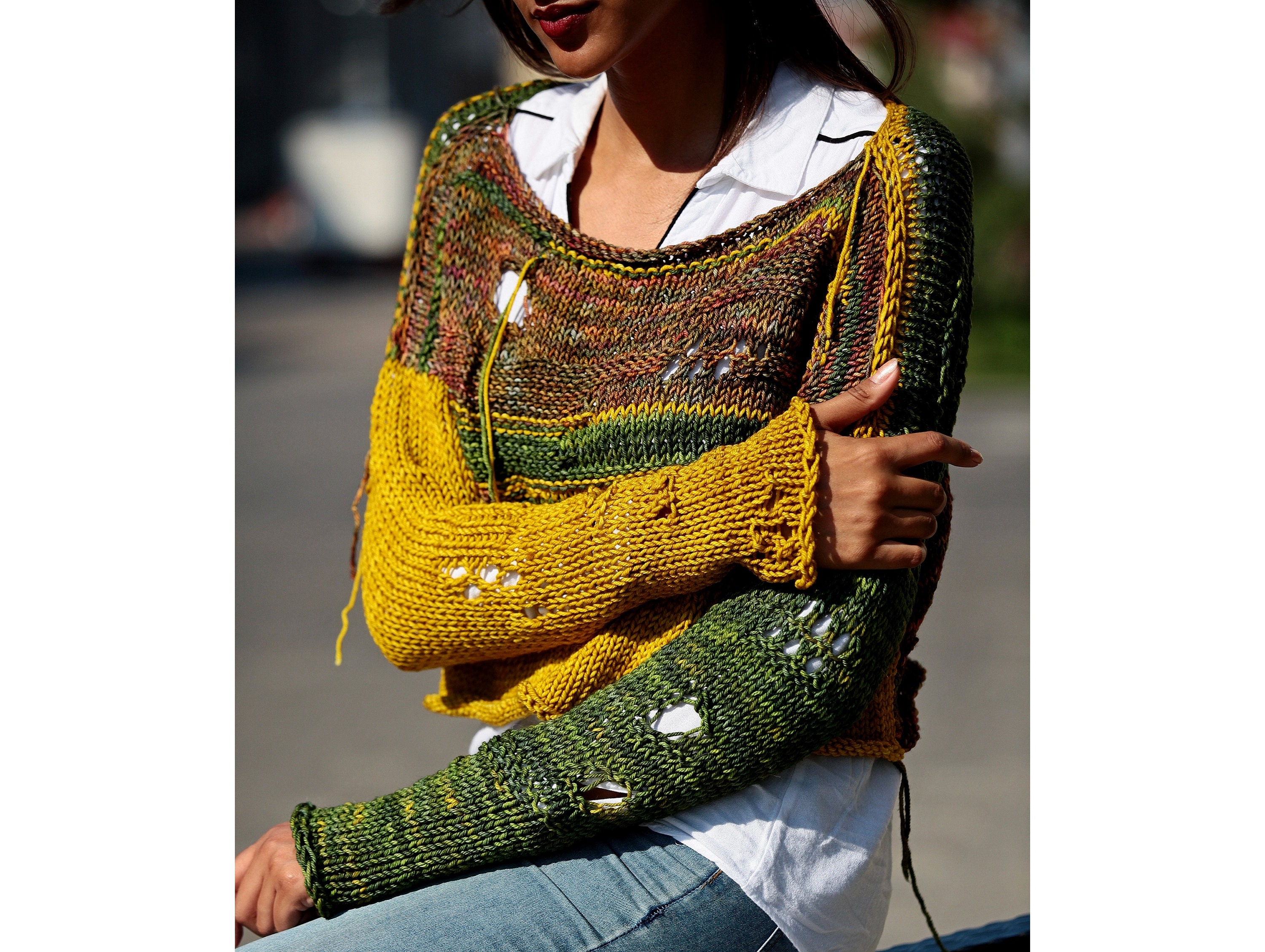 distressed color block sweater