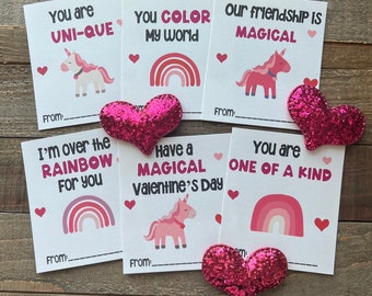 Tarjetas de San Valentín imprimibles de unicornio y arcoíris para niños, San Valentín en el aula, San Valentín unicornio, San Valentín imprimible para niños