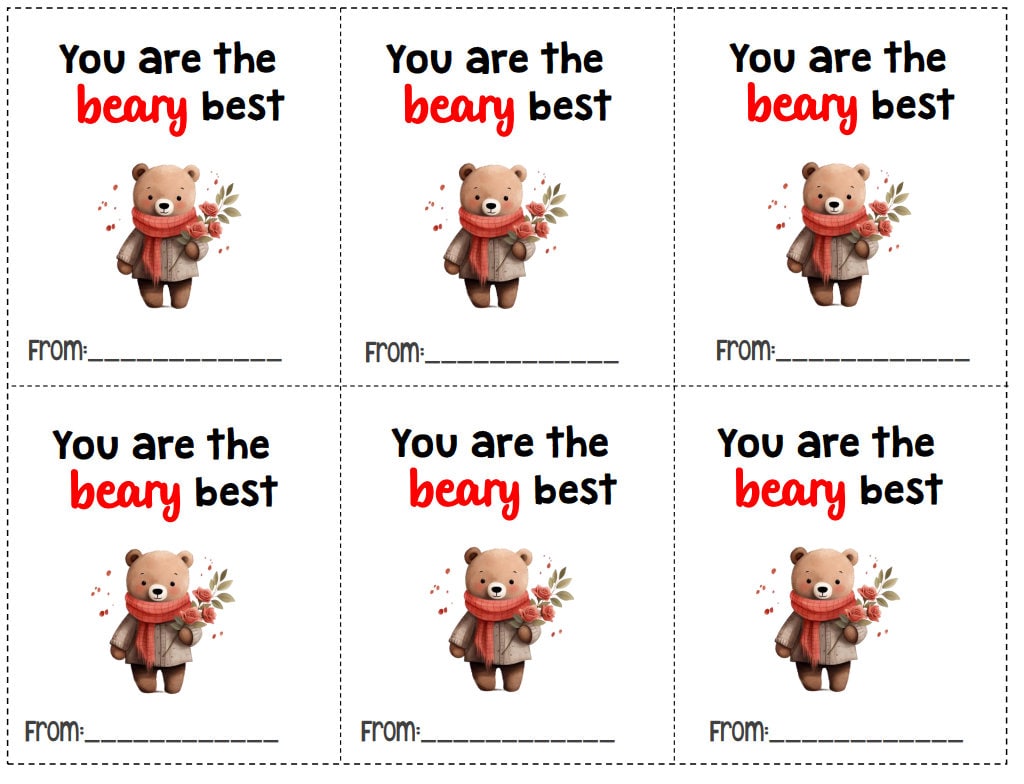 Printable Bear Valentine's Day Cards for Kids, Classroom Valentines ...