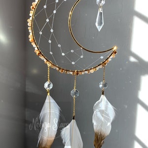 Golden Pearl and Feather Crystal Moon Suncatcher Dreamcatcher