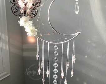 Metallic Butterfly and Floral Crystal Crescent Moon Dreamcatcher Suncatcher