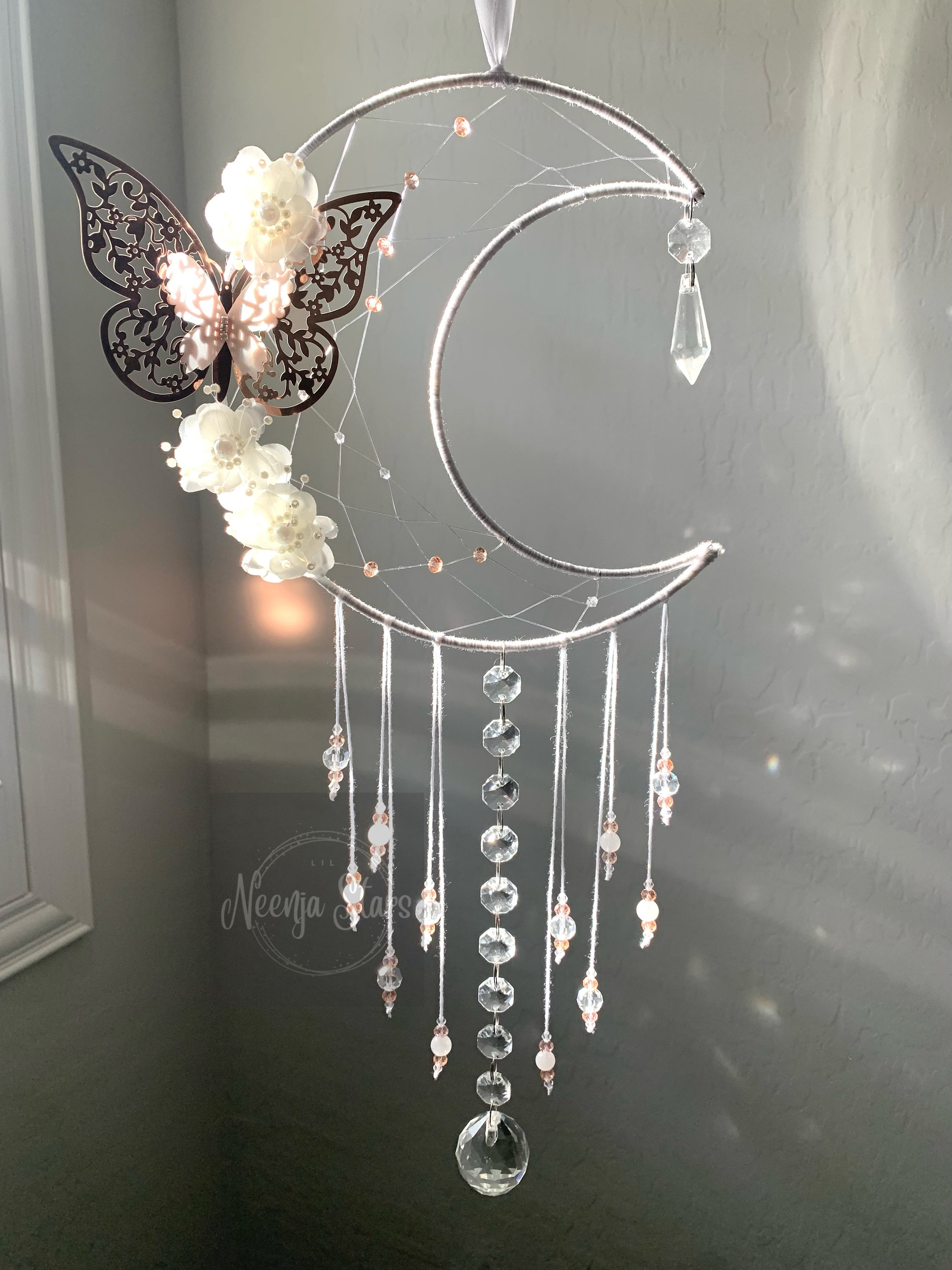 Metallic Butterfly and Floral Crystal Crescent Moon