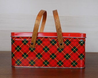 Vintage Plaid Metal Picnic Basket with Wooden Handles