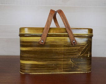 Vintage Faux Bois Wood Metal Picnic Basket with Wooden Handles