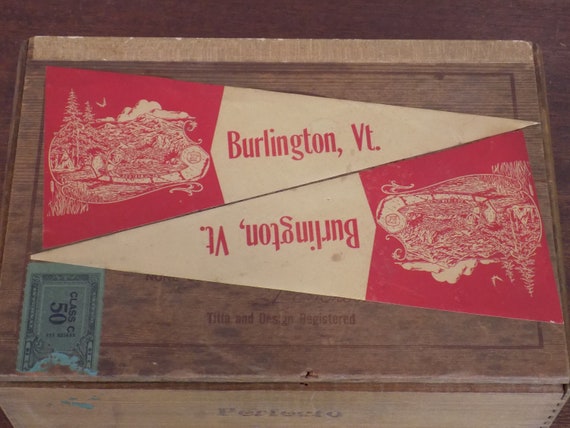 Vintage Wood Cigar Box with Burlington, VT Banners
