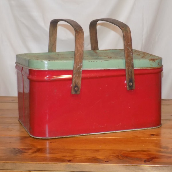 Vintage Red and Green Metal Picnic Basket