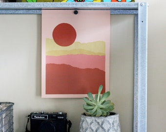 Art Print Screenprinted Poster - 'Sunset' - 8.5x11" -  landscape warm colors geometric abstract overprint - office decor