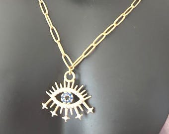 Gold Plated Evil Eye Necklace, Blue Stone Crystals, Paper Clip Chain