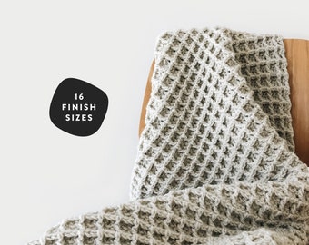 May include: A close-up of a light gray waffle knit crochet blanket draped over a wooden chair. The blanket has a textured waffle stitch pattern. The text "16 FINISH SIZES" is visible in a black circle.