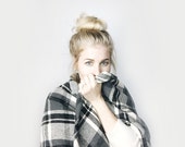 Blanket Scarf Plaid, Oversized Poncho Shawl // Cotton Flannel // Black, Gray + White