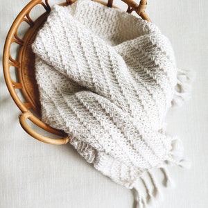May include: A white knitted throw blanket with fringe edges, folded and placed in a woven wicker basket.