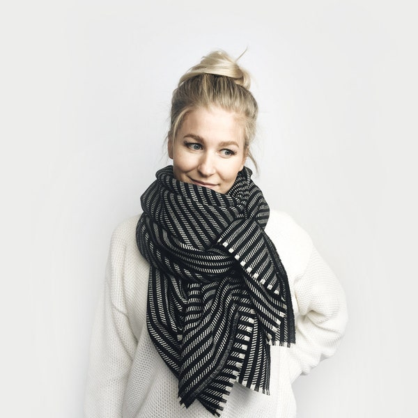 Ready to ship! >>> Blanket Scarf, Oversized Poncho Shawl // Wool Herringbone // Black + Ivory Stripe Pattern