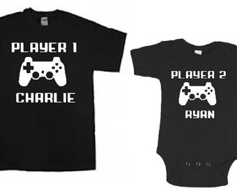Camiseta infantil personalizada para bebé con videojuego a juego (jugador 1 y 2)
