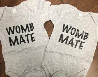 Funny Twin Baby Onesie ® Set: Womb Mate Matching Infant Bodysuits Shower