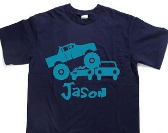 パーソナライズされたモンスタートラック幼児ユースボーイズシャツ：カスタムバースデーTシャツ