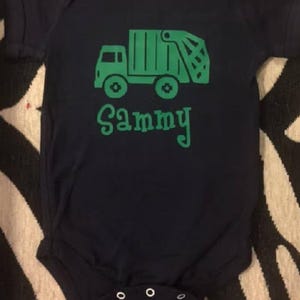 trash truck personalized baby onesie ® - custom garbage truck - infant one piece bodysuit - shower gift - boy girl name