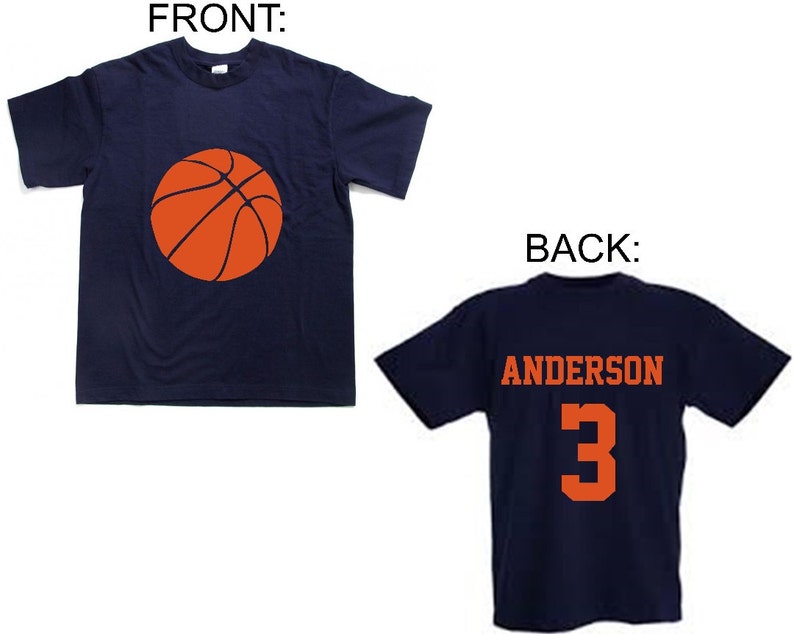 May include: A navy blue t-shirt with an orange basketball on the front and the name "Anderson" and the number "3" on the back.