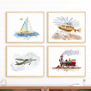 Transportation Wall Art | Vehicle Print Set of 4 | Boy Nursery Decor | Playroom Art Prints | Airplane Sailboat Train Helicopter