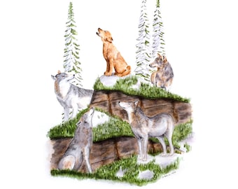 Howling Wolf Pack, Wildlife Watercolor Print, Wolf Art, Wolf Painting, Wildlife Print, Wolves, Wildlife Art, Baby Wolf