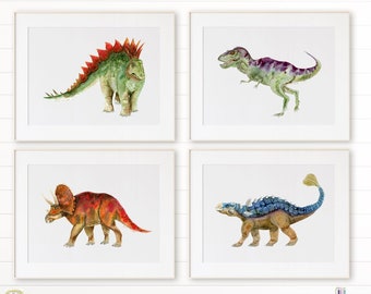 Dinosaur Print Set, Dino Nursery Wall Art, Kids Room Decor, Set of 4 Posters, Dinosaur Watercolors, Baby Shower Gift, Jurassic Art Prints