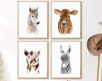 Farm Animals, Farm Animal Prints, Farm Animals Prints, Set Of 4 Prints, Baby Shower Gift, Boys Rustic Nursery, Wall Art, Pony Prints