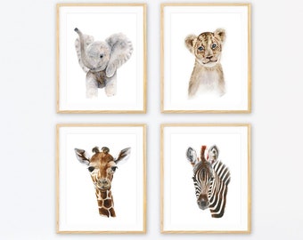 Set of 4 Animal Pictures, Safari Nursery Art, Nursery Animal Prints, Baby Animal Decor, Safari Baby Animal Wall Art, Customize Animals