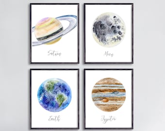 Space Prints, Outer Space Print Set of 4, Kids Space Prints, Space Nursery Decor, Outer Space Art, Solar System Gift, Choose Your Planets