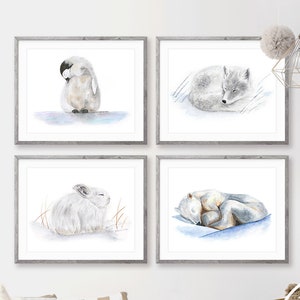 Sleeping Animal Print Set of 4 | Arctic Nursery Decor | White Animal Watercolor Prints | Gender Neutral Scandinavian Baby Room Wall Art