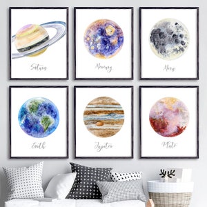 Space Print Set of 6, Outer Space Decor, Solar System Prints, Space Nursery Decor, Watercolor Astronomy Art, Planet Wall Art, Choose Planets