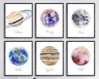 Space Print Set of 6, Outer Space Decor, Solar System Prints, Space Nursery Decor, Watercolor Astronomy Art, Planet Wall Art, Choose Planets