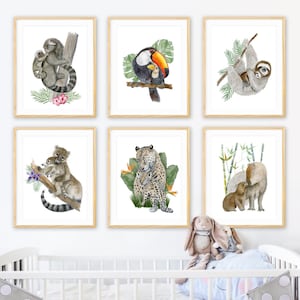 Tropical Nursery Art Print Set, Jungle Animal Nursery Baby Room Decor, Nursery Watercolor Prints, Palm Leaves, Botanicals, Girls Nursery