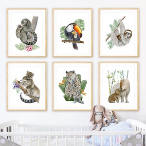 Tropical Nursery Art Print Set, Jungle Animal Nursery Baby Room Decor, Nursery Watercolor Prints, Palm Leaves, Botanicals, Girls Nursery