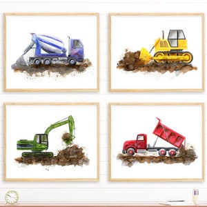 Construction Wall Art Print Set of 4 - Fun Building Truck Decor for Boys&#39; Rooms
